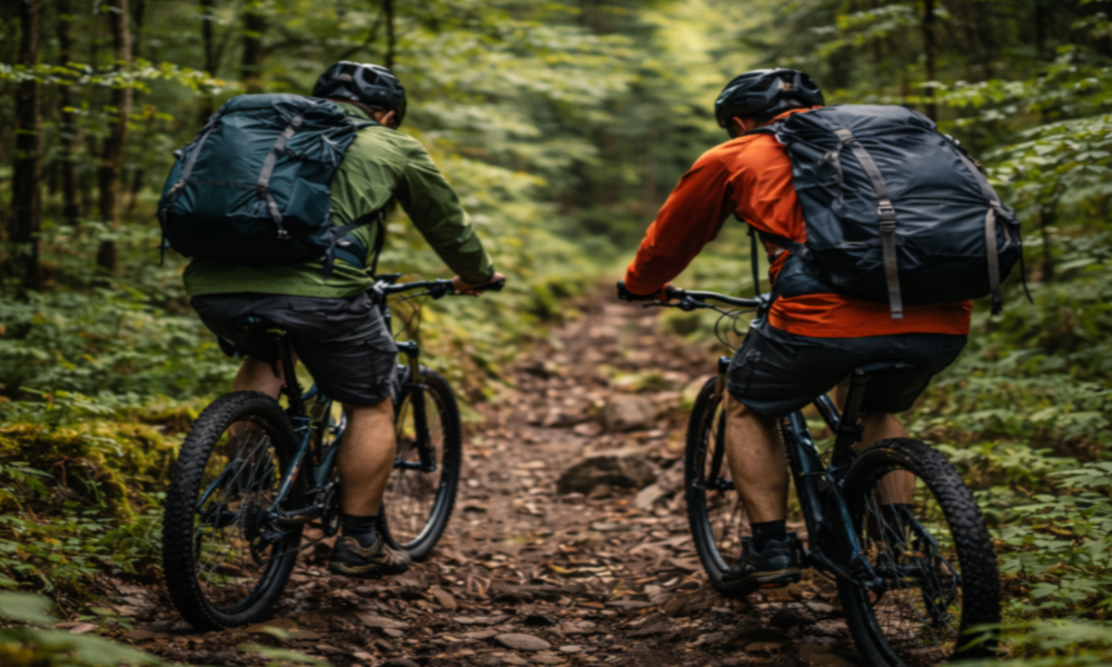 Two people riding bicycles through a forest trail with backpacks.